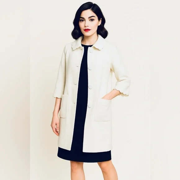 Kate Spade New York Cream Textured Scallop Trim Coat Size 10 Elegant Retro Mod - Picture 4 of 16